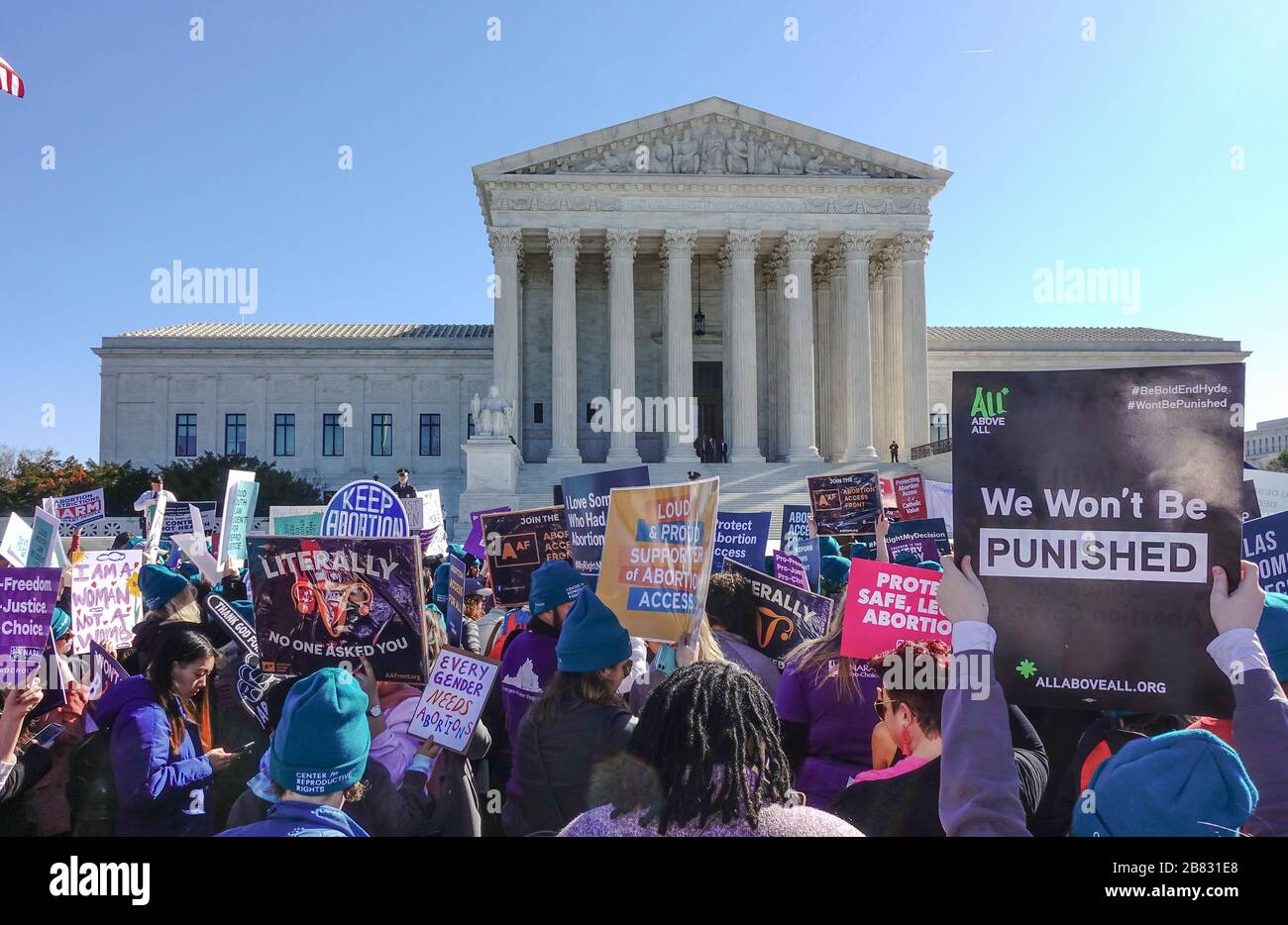 March 4, 2020 - Demonstrators rally in front of the U.S. Supreme Court in support of abortion rights as the court hears arguments in the June Medical v. Russo case.  Presented by the Center for Reproductive Rights, the case challenges a Louisiana law (Act 60) that would severely limit access to abortion in the state.  The Louisiana law is identical to a Texas law that was struck down by the Supreme Court in 2016. Stock Photo
