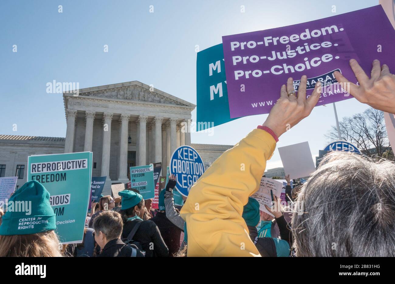 March 4, 2020 - Demonstrators rally in front of the U.S. Supreme Court in support of abortion rights as the court hears arguments in the June Medical v. Russo case.  Presented by the Center for Reproductive Rights, the case challenges a Louisiana law (Act 60) that would severely limit access to abortion in the state.  The Louisiana law is identical to a Texas law that was struck down by the Supreme Court in 2016. Stock Photo