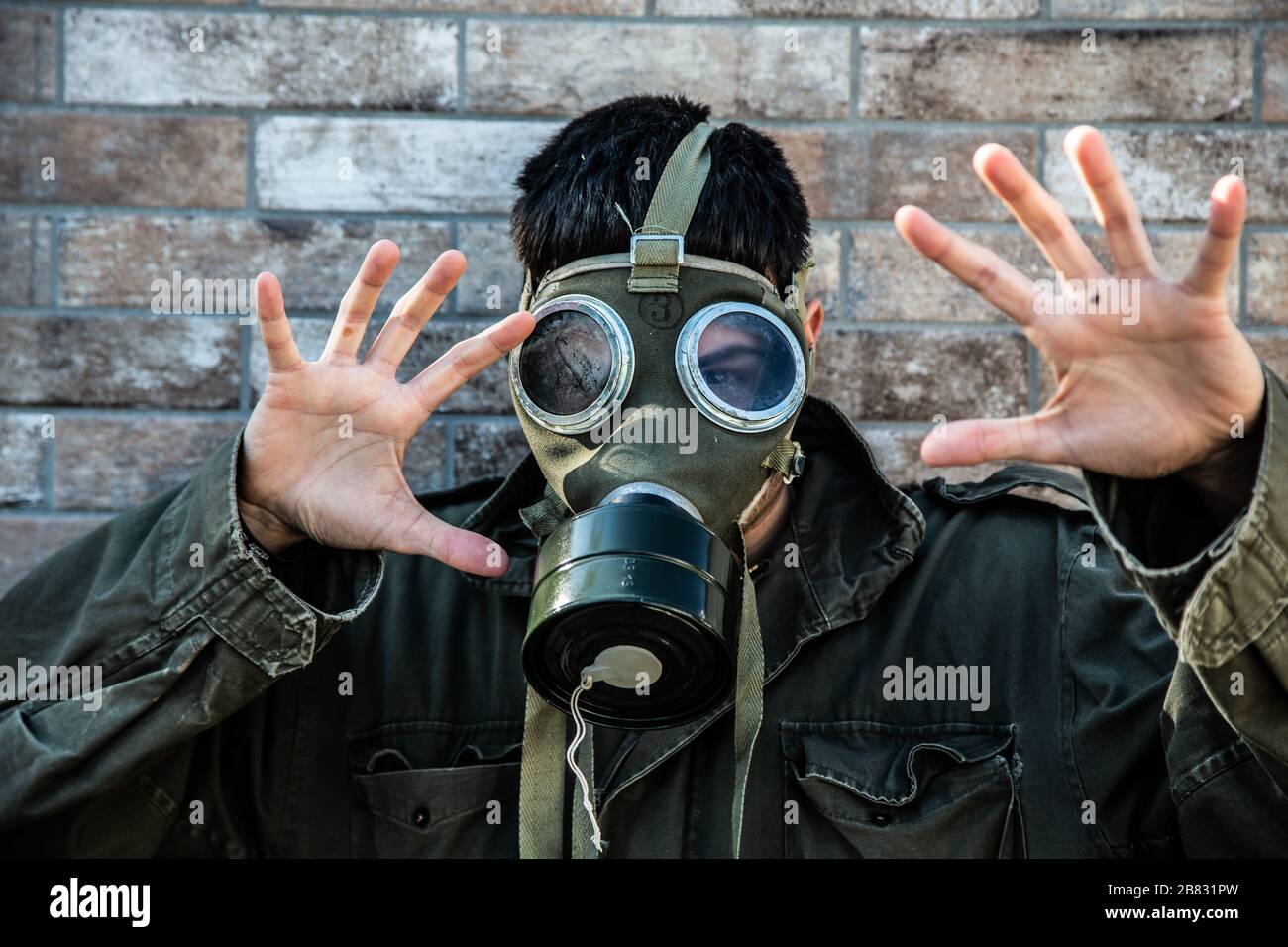 Gas Mask fear chimical batteric scared corona Stock Photo