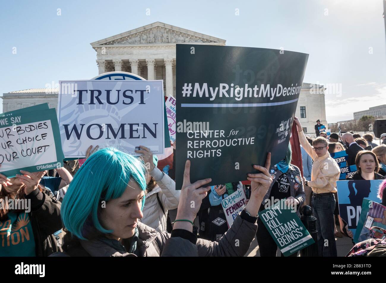 March 4, 2020 - Demonstrators rally in front of the U.S. Supreme Court in support of abortion rights as the court hears arguments in the June Medical v. Russo case.  Presented by the Center for Reproductive Rights, the case challenges a Louisiana law (Act 60) that would severely limit access to abortion in the state.  The Louisiana law is identical to a Texas law that was struck down by the Supreme Court in 2016. Stock Photo