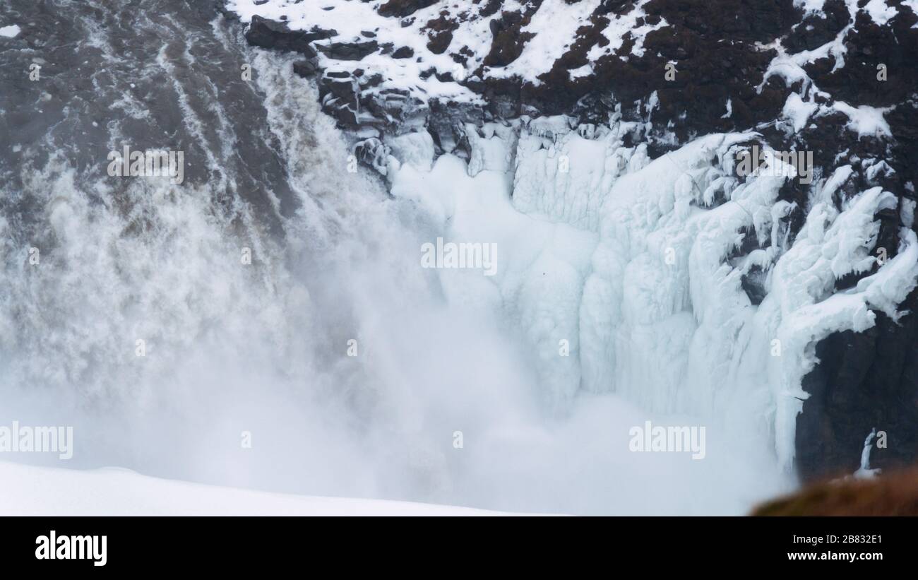 The Powerful Gullfoss in Iceland, winter 2020. Stock Photo