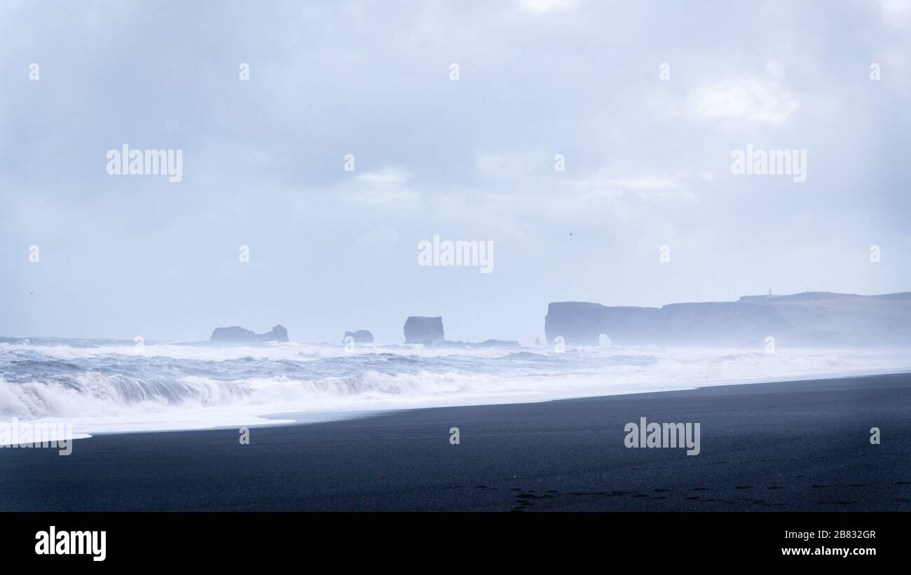 Reynisfjara, Black Sand Beach in Iceland. Stock Photo