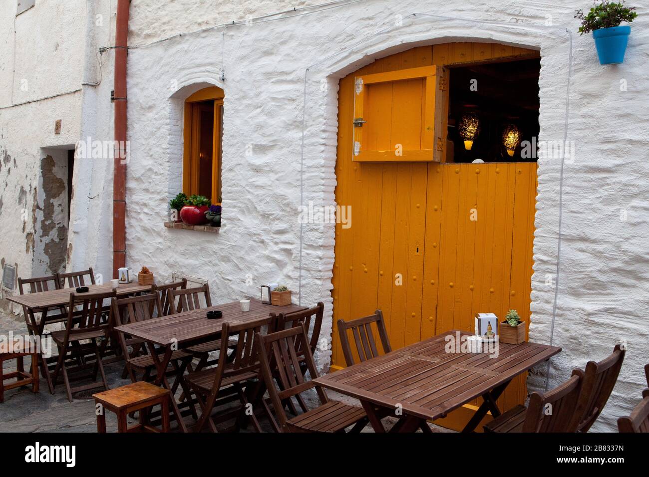 A typical restaurant in the village of Cadaques, Girona, Spain. Stock Photo