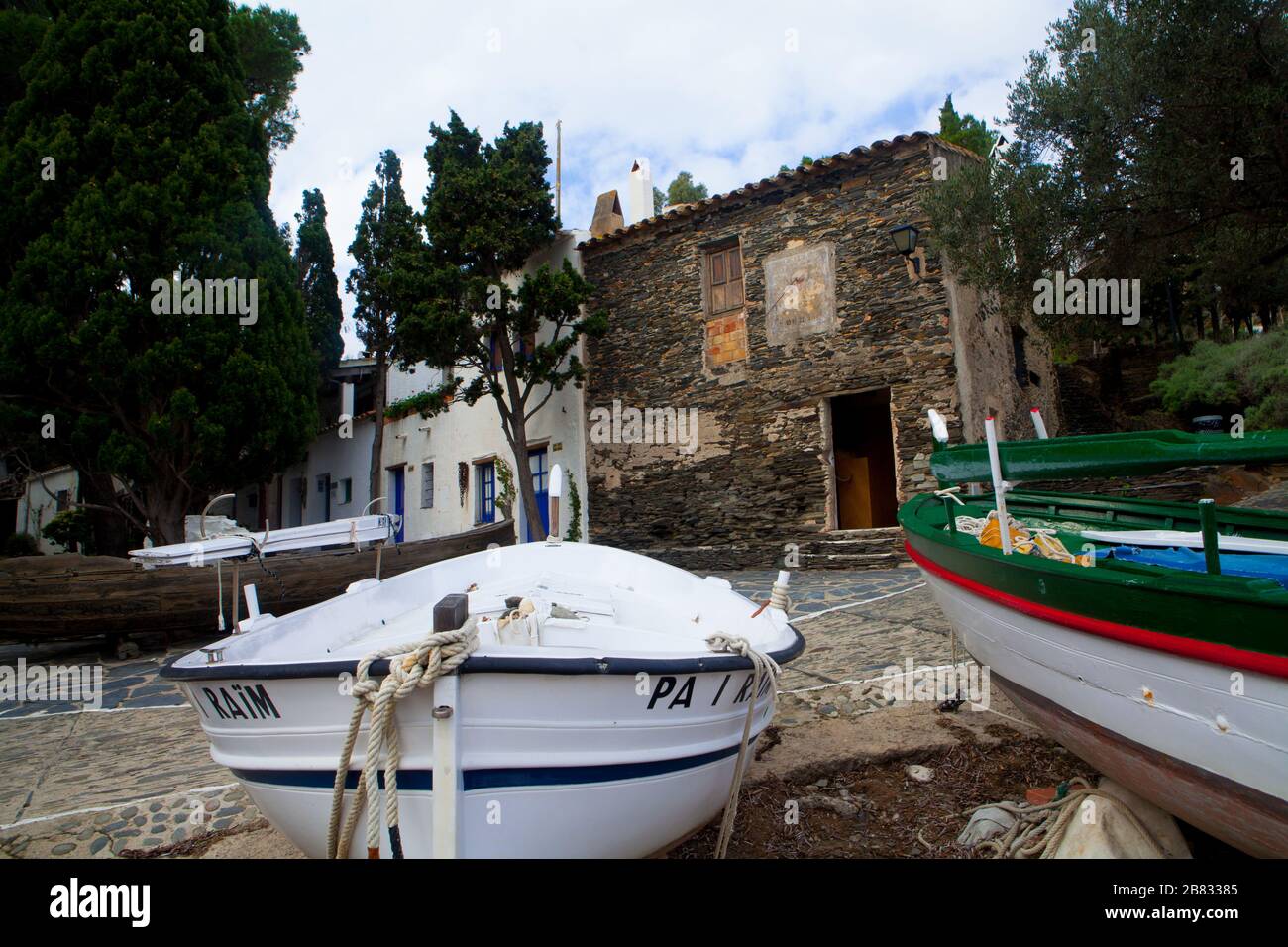 The fishermen pier of Port Lligat village, where lived the painter Salvador Dalí, in Costa Brava, Girona, Spain. Stock Photo