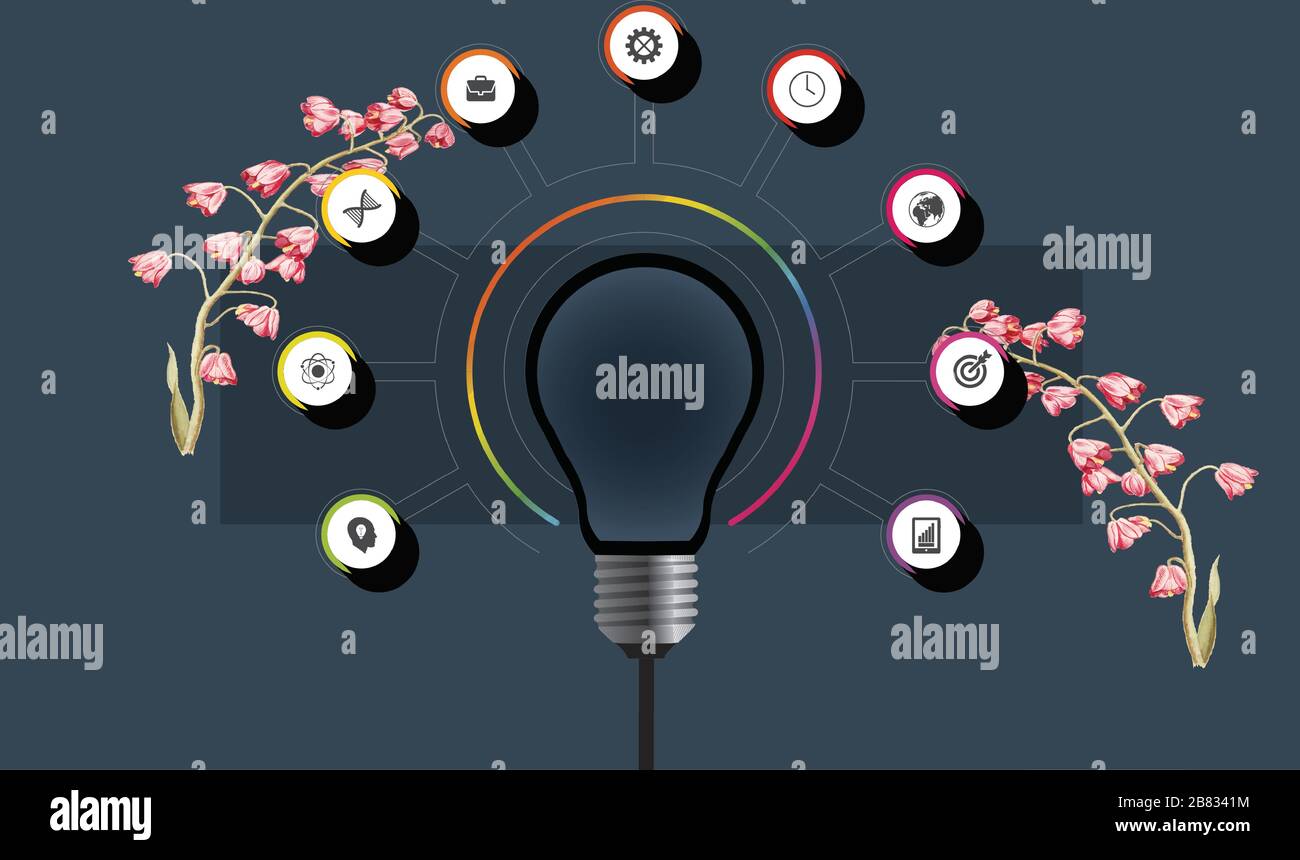 light bulb with components on floral background Stock Vector