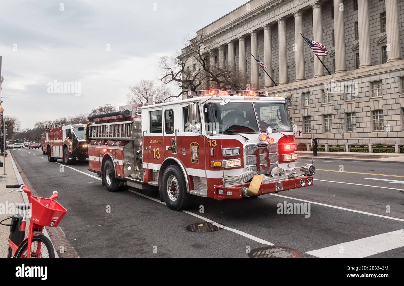 Washington, DC fire trucks responding on Constitution Avenue. Stock Photo