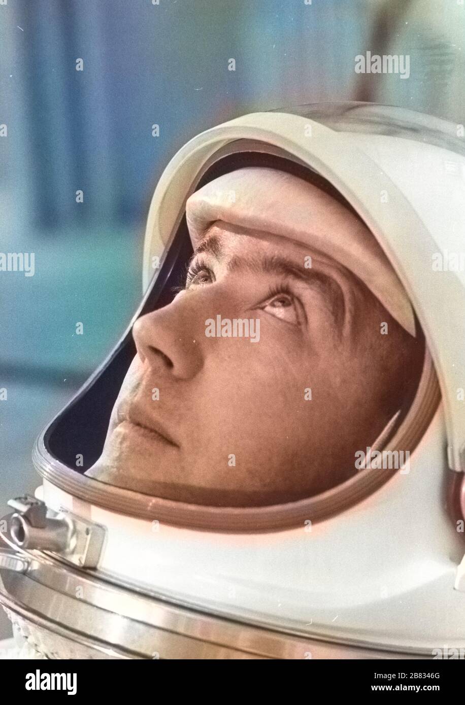 Commander of Gemini IV astronaut James A. McDivitt prepared for weight and balance tests, May 21, 1965. Image courtesy National Aeronautics and Space Administration (NASA). Note: Image has been digitally colorized using a modern process. Colors may not be period-accurate. () Stock Photo