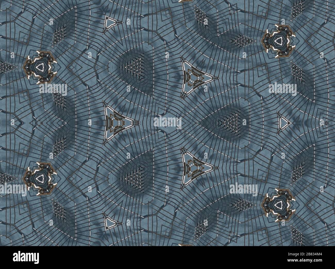 Metal grid patterned kaleidoscope blue background. Stock Photo