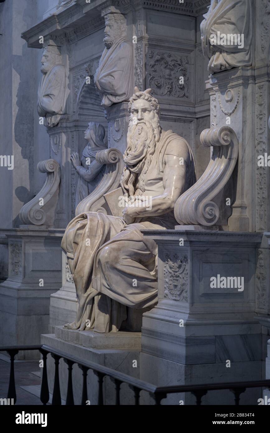 ROME, ITALY - 21 Jan 2020: Detail of the altar sculpture group of prophet Moses, famous sculpture by Renaissance artist Michelangelo for the church of Stock Photo