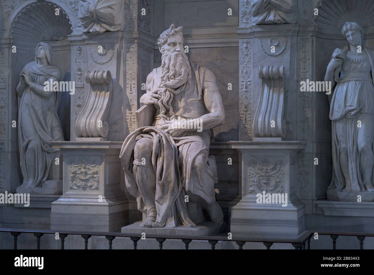 ROME, ITALY - 21 Jan 2020: Detail of the altar sculpture group of prophet Moses, famous sculpture by Renaissance artist Michelangelo for the church of Stock Photo