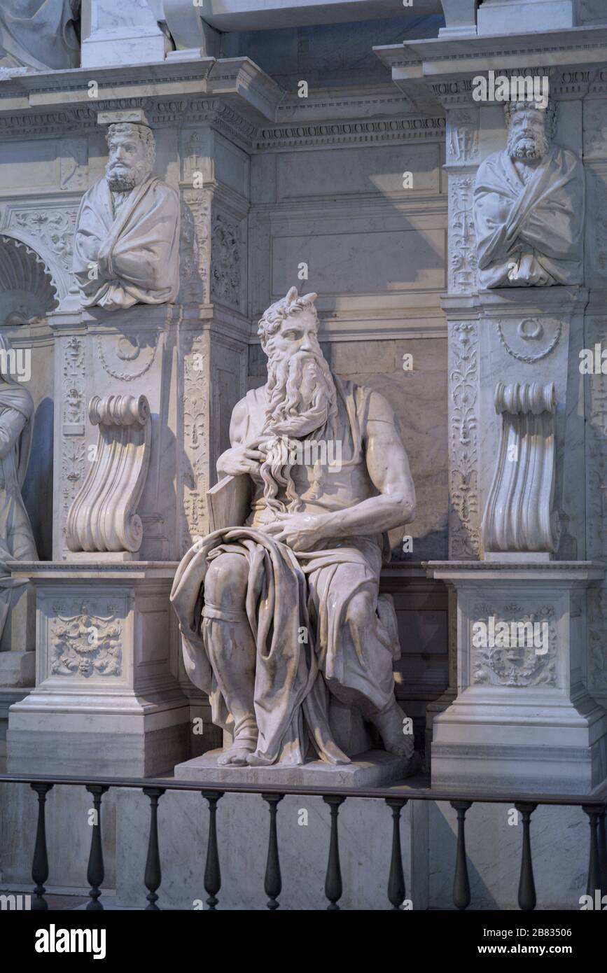 ROME, ITALY - 21 Jan 2020: Detail of the altar sculpture group of prophet Moses, famous sculpture by Renaissance artist Michelangelo for the church of Stock Photo