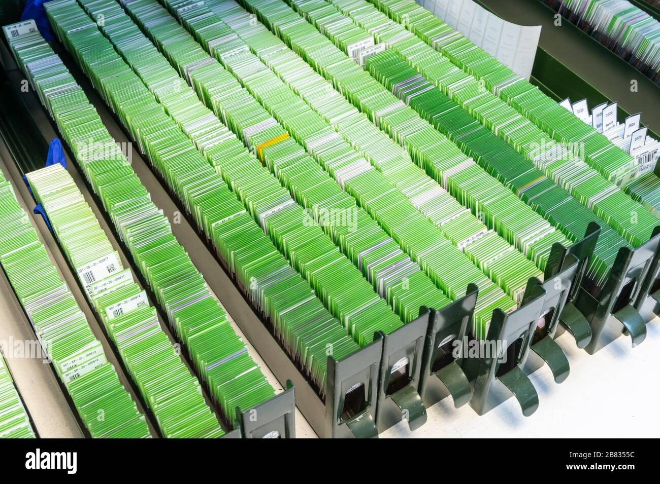 Pathology specimen slides in storage drawers Stock Photo