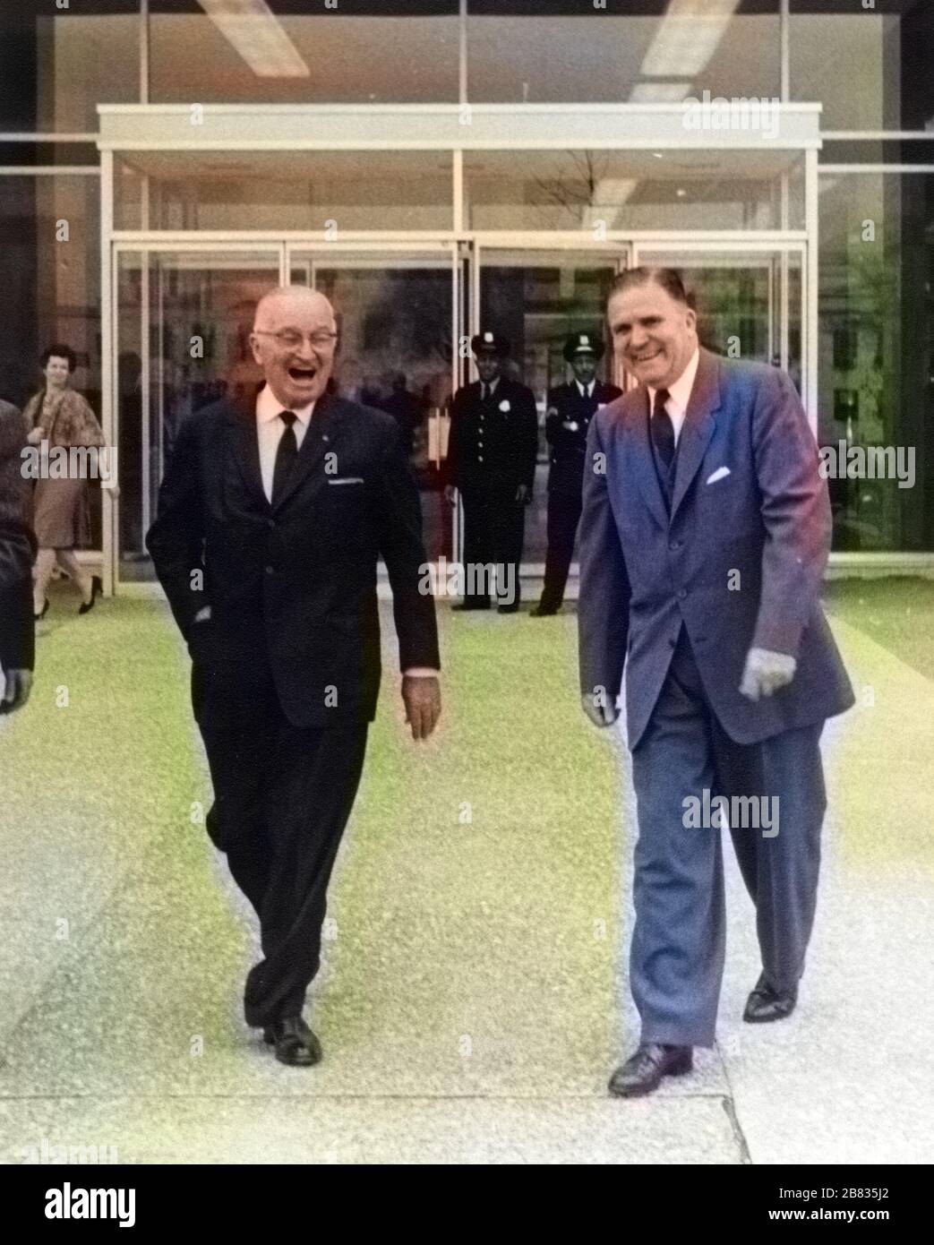 President Harry S. Truman and NASA Administrator James E. Webb in a visit to newly opened NASA Headquarters in Washington, District of Columbia, November 3, 1961. Image courtesy National Aeronautics and Space Administration (NASA). Note: Image has been digitally colorized using a modern process. Colors may not be period-accurate. () Stock Photo