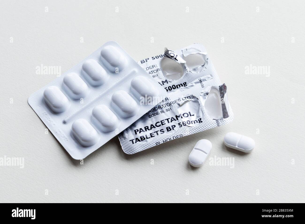 Paracetamol tablets in a blister pack, two tablets removed, against a plain background Stock Photo