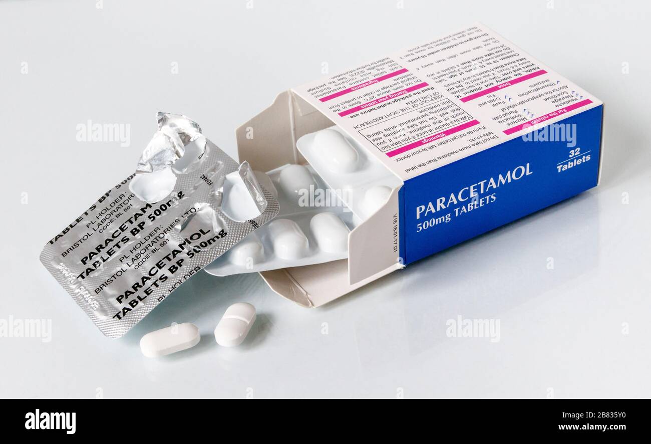 Paracetamol tablets in a blister pack, two tablets removed, against a plain background Stock Photo
