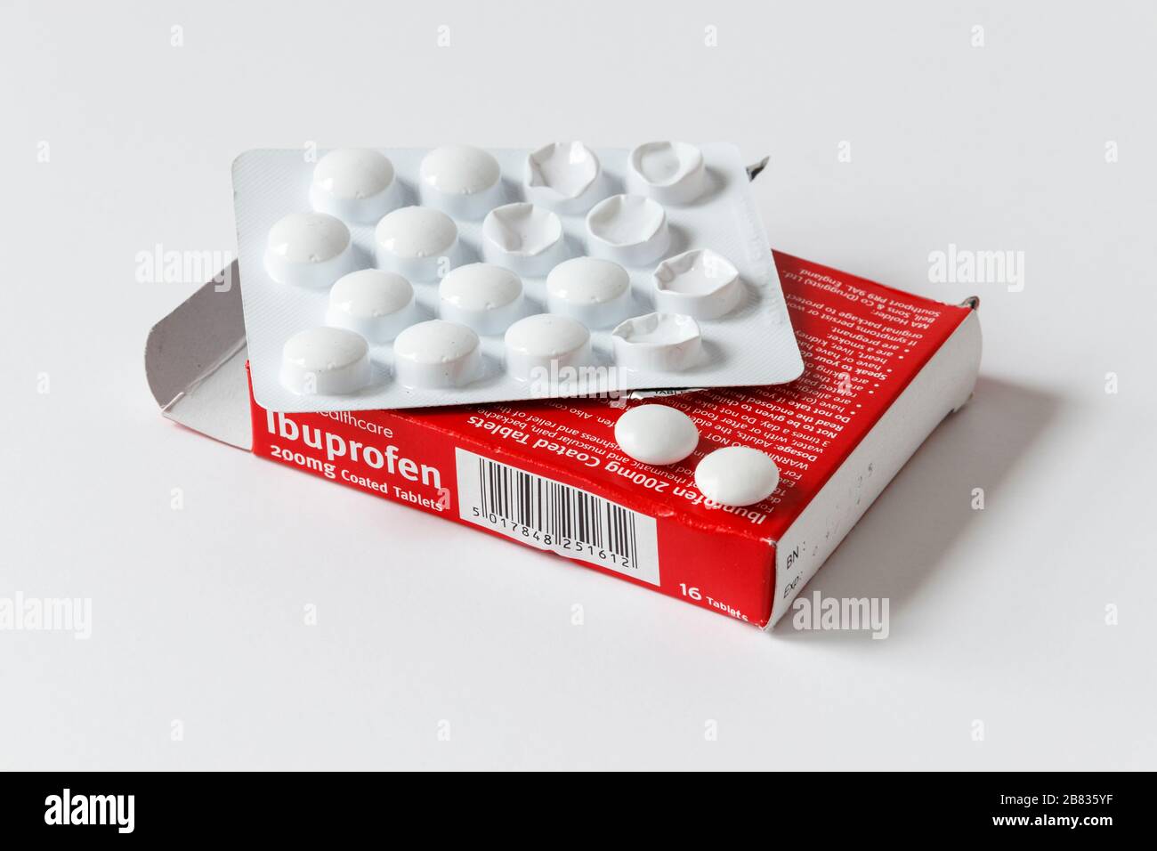 Ibuprofen tablets in a blister pack, two tablets removed, against a plain white background Stock Photo