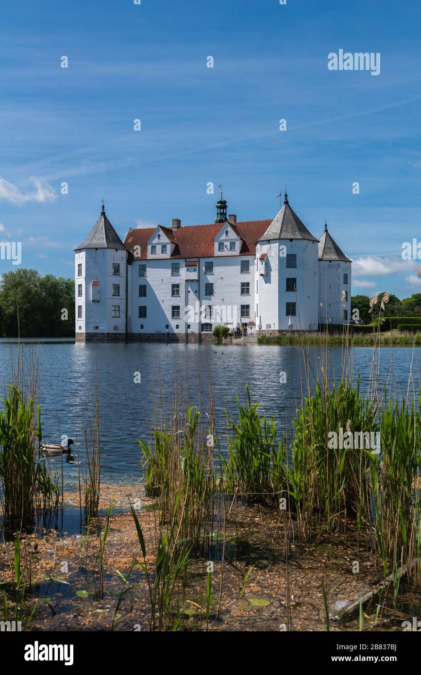 Moated Castle Glückburg, Glücksburg, 16th century  Renaissance building, Seat of former Dukedom Glücksburg-Sonderburg, Schleswig-Holstein, Germany, Stock Photo