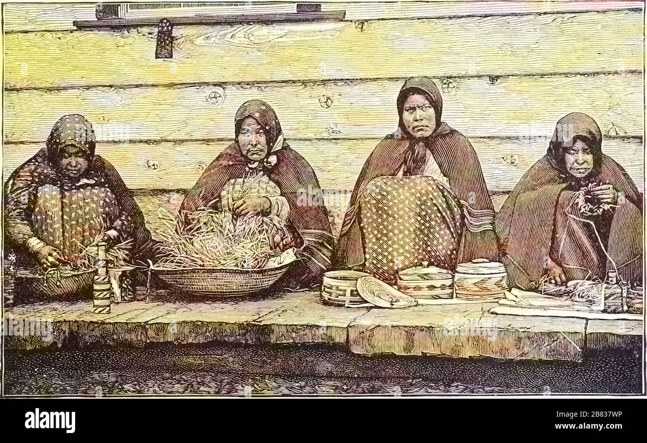 Engraved drawing of the native merchants from Sitka, Alaska, from the book 'Ridpath's Universal history' by John Clark Ridpath, 1897. Courtesy Internet Archive. Note: Image has been digitally colorized using a modern process. Colors may not be period-accurate. () Stock Photo