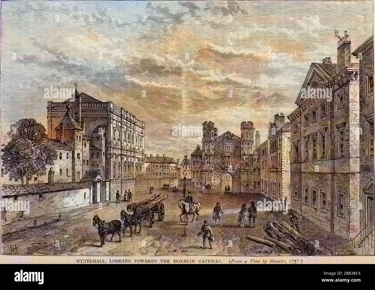 Engraving of the Whitehall, looking towards Holbein Gateway, London, England, from the book 'Old and new London: a narrative of its history, its people, and its places' by Thornbury Walter, 1873. Courtesy Internet Archive. Note: Image has been digitally colorized using a modern process. Colors may not be period-accurate. () Stock Photo