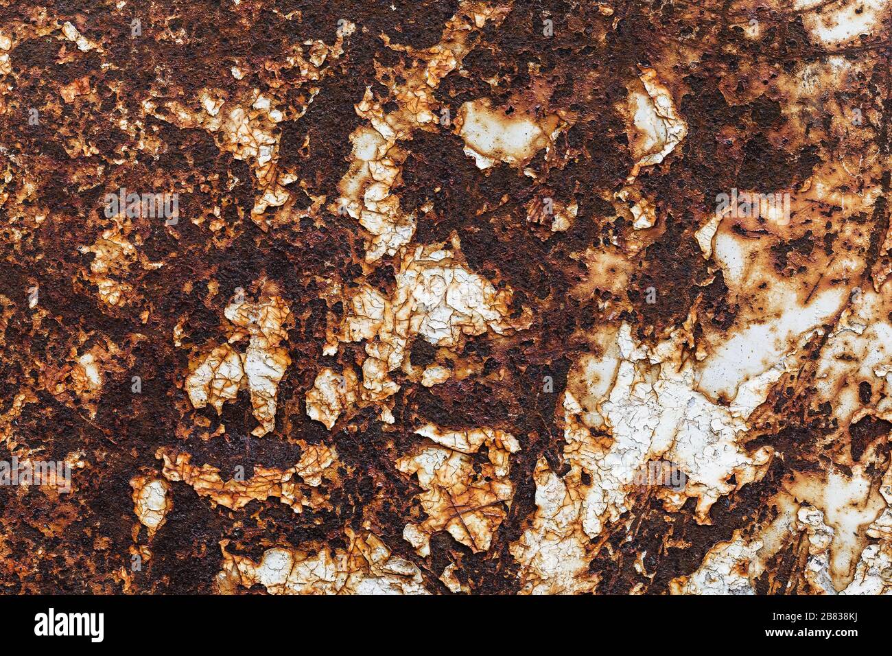The metal sheet is completely covered by corrosion, close-up. Abstract background with cracked paint Stock Photo