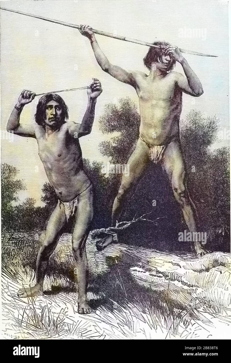 Engraved drawing of the native hunters of Tierra Del Fuego with spear and sling, from the book 'Ridpath's Universal history' by John Clark Ridpath, 1897. Courtesy Internet Archive. Note: Image has been digitally colorized using a modern process. Colors may not be period-accurate. () Stock Photo