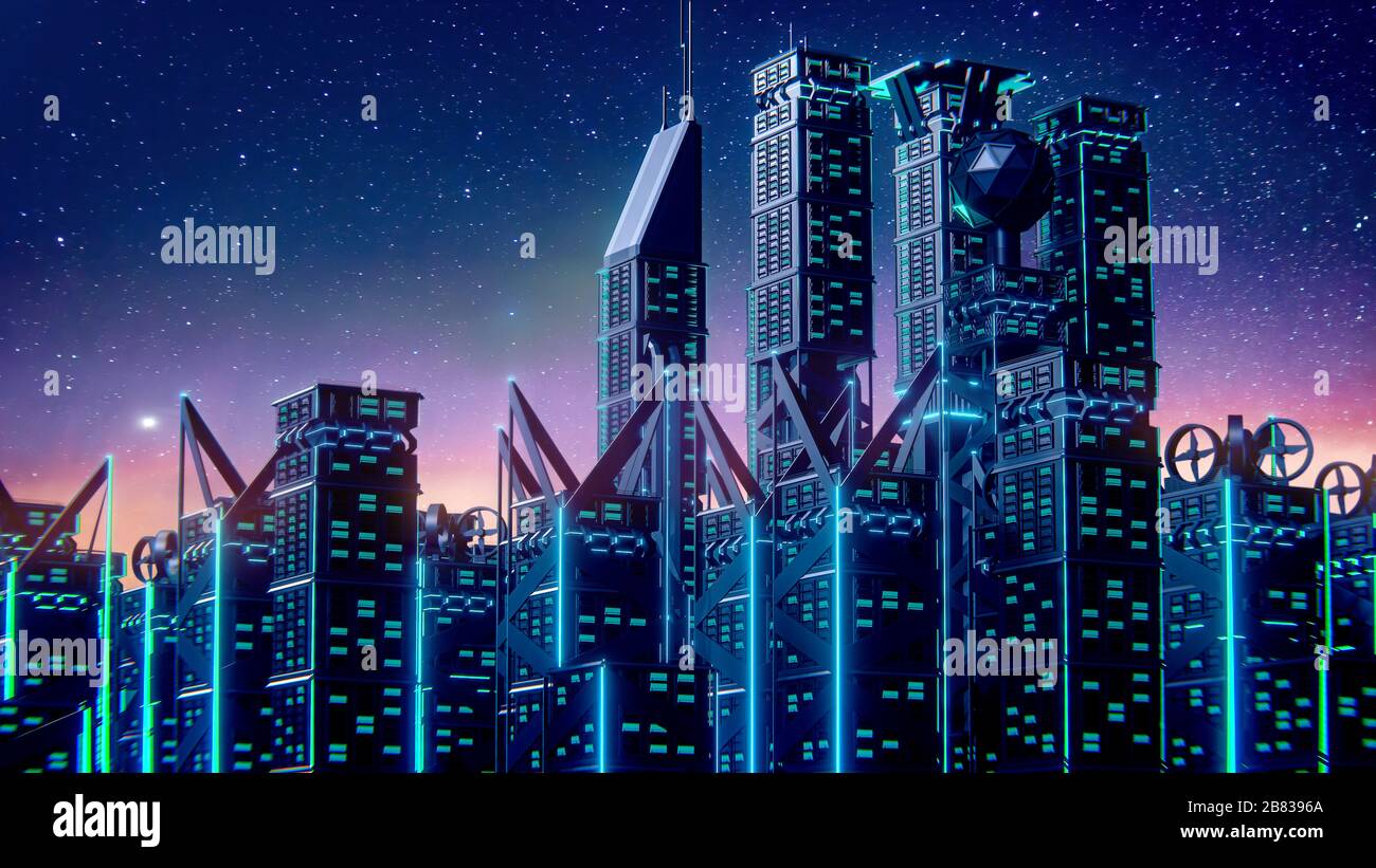 Abstract Futuristic City 3d render, Digital Cityscape background. city landscape, Dots Building in the night City, sci-fi, skyline Perspective, Archit Stock Photo