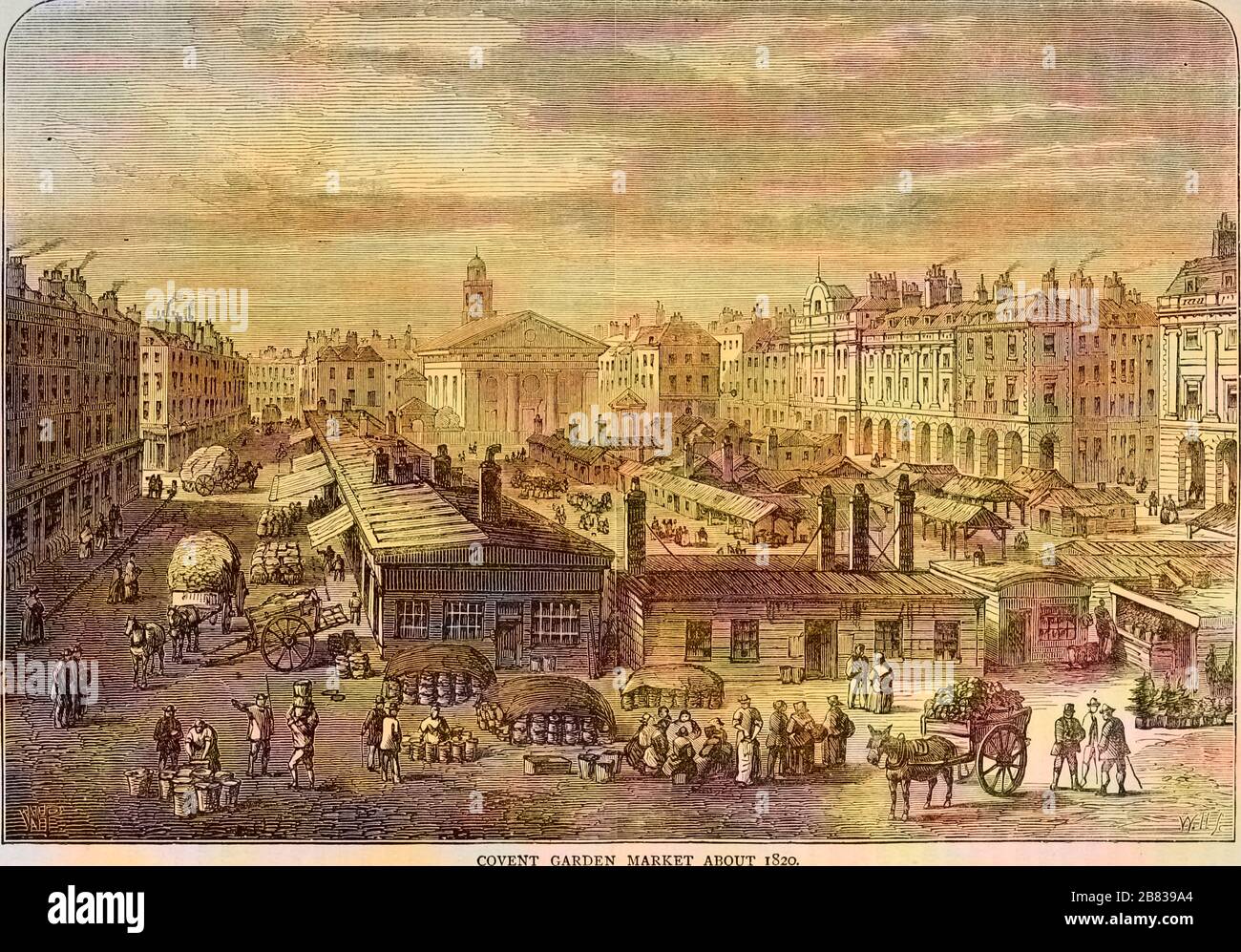 Engraving of the Covent Garden market in London, England, from the book 'Old and new London: a narrative of its history, its people, and its places' by Thornbury Walter, 1873. Courtesy Internet Archive. Note: Image has been digitally colorized using a modern process. Colors may not be period-accurate. () Stock Photo