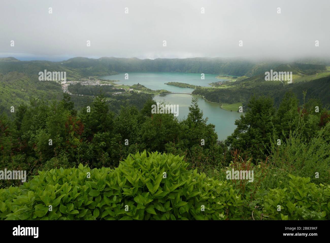 Twin Lakes form the Lagoa de Sete Cidades on São Miguel Island in the Azores seen from the Vista do Rei Stock Photo