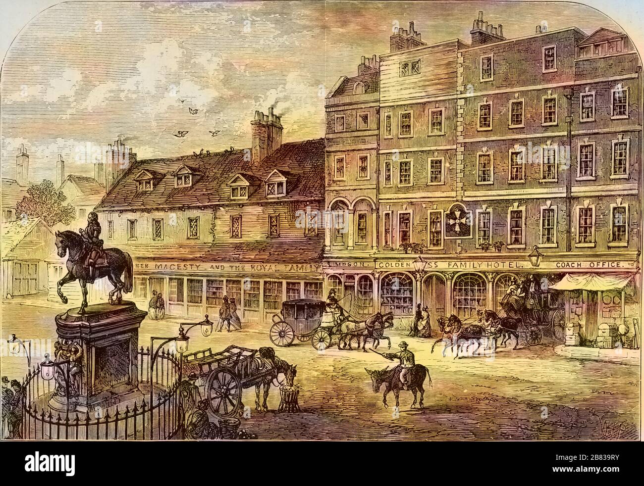 Engraving of the statue in front of the Northumberland House at Charing Cross, London, England, from the book 'Old and new London: a narrative of its history, its people, and its places' by Thornbury Walter, 1873. Courtesy Internet Archive. Note: Image has been digitally colorized using a modern process. Colors may not be period-accurate. () Stock Photo