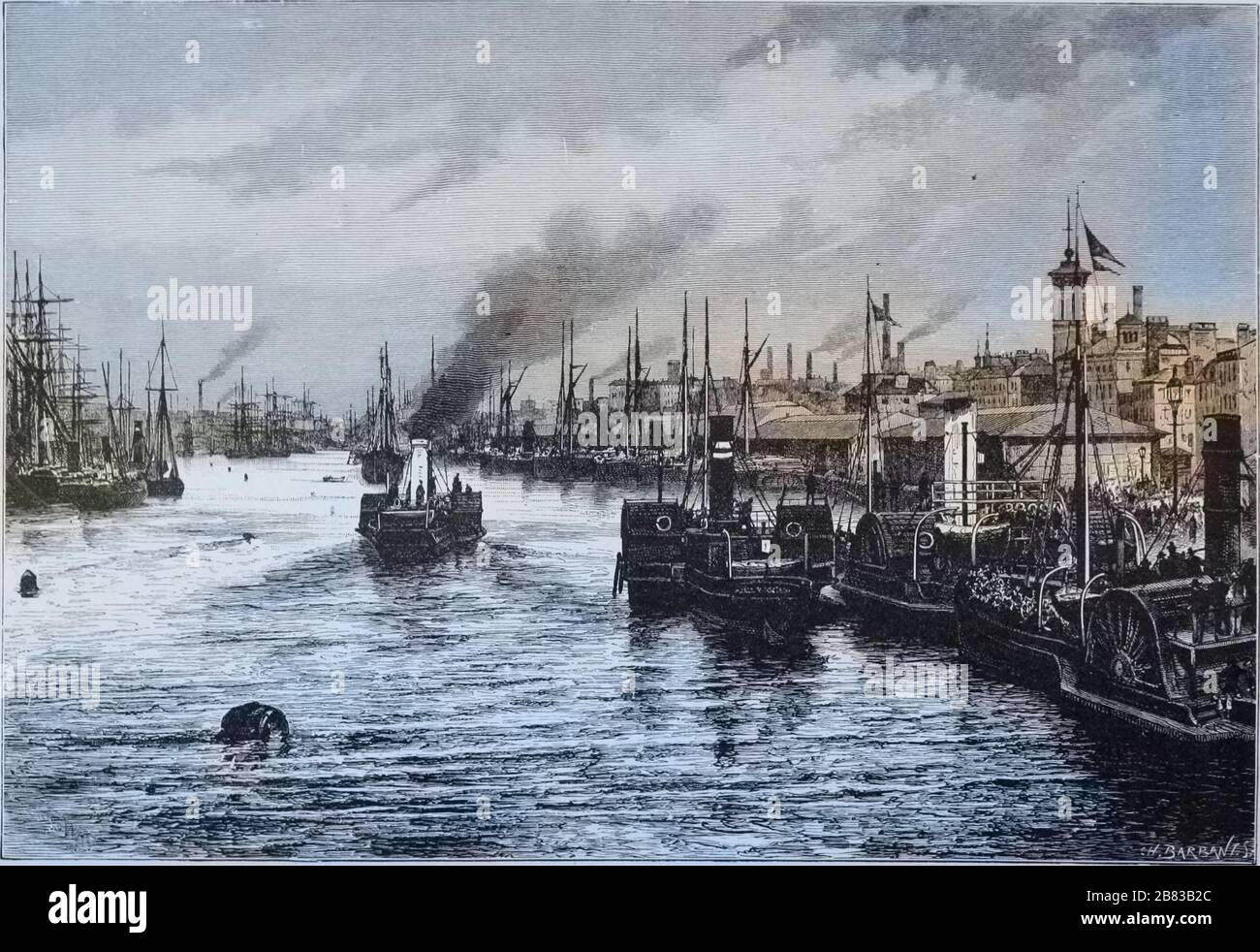 Engraving of the Port of Glasgow, Scotland, from the book 'The earth and its inhabitants' by Elisee Reclus, 1881. Courtesy Internet Archive. Note: Image has been digitally colorized using a modern process. Colors may not be period-accurate. () Stock Photo