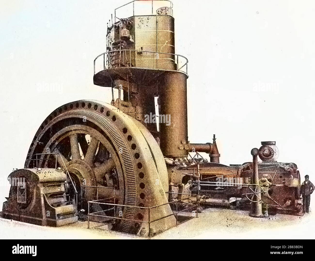Engraving of the man standing beside the railway station turbine engine, from the 'Street railway journal', 1884. Courtesy Internet Archive. Note: Image has been digitally colorized using a modern process. Colors may not be period-accurate. () Stock Photo