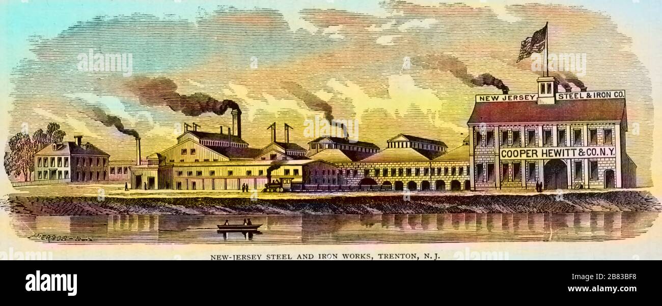 Engraving of the New Jersey Steel and Iron Works factory in Trenton, New Jersey, from the book 'Industrial history of the United States' by Albert Sidney Bolles, 1878. Courtesy Internet Archive. Note: Image has been digitally colorized using a modern process. Colors may not be period-accurate. () Stock Photo