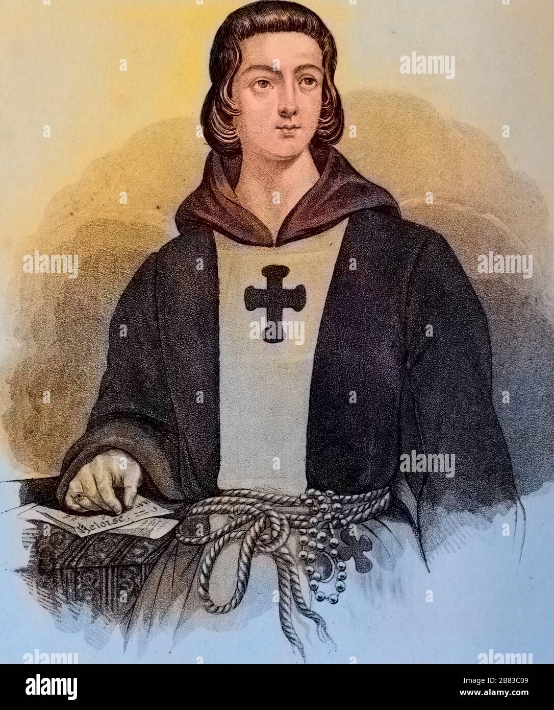 Engraved portrait of Peter Abelard, a French philosopher, and theologian, best known for his love affair with Heloise d'Argenteuil, from the book 'The World of fashion and continental feuilletons' published by John Bell, 2014. Courtesy Internet Archive. Note: Image has been digitally colorized using a modern process. Colors may not be period-accurate. () Stock Photo
