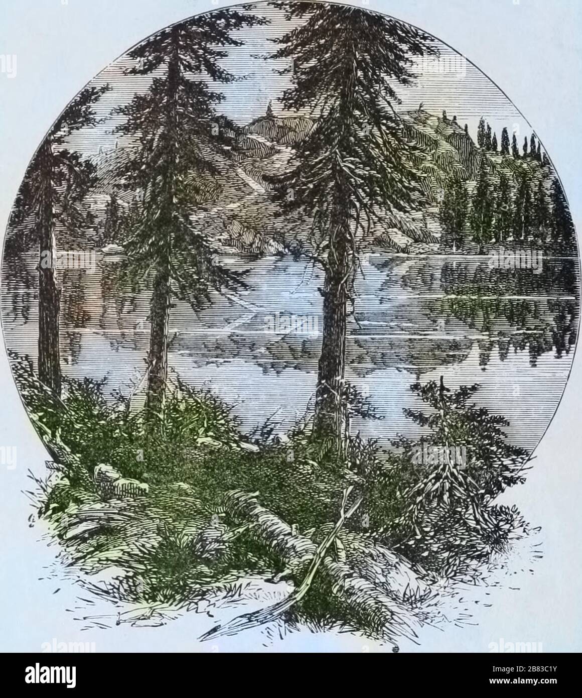 Engraving of the Lake Angeline in Big Horn Mountains, from the book 'The Pacific tourist' by Henry T. Williams, 1878. Courtesy Internet Archive. Note: Image has been digitally colorized using a modern process. Colors may not be period-accurate. () Stock Photo