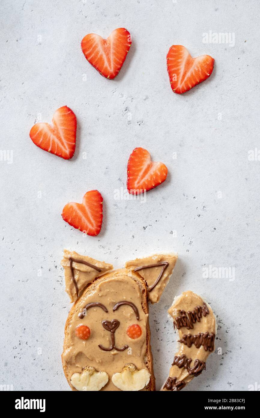 Funny Cute Cat Sandwich With Peanut Butter Banana And Strawberry For Kids Stock Photo Alamy