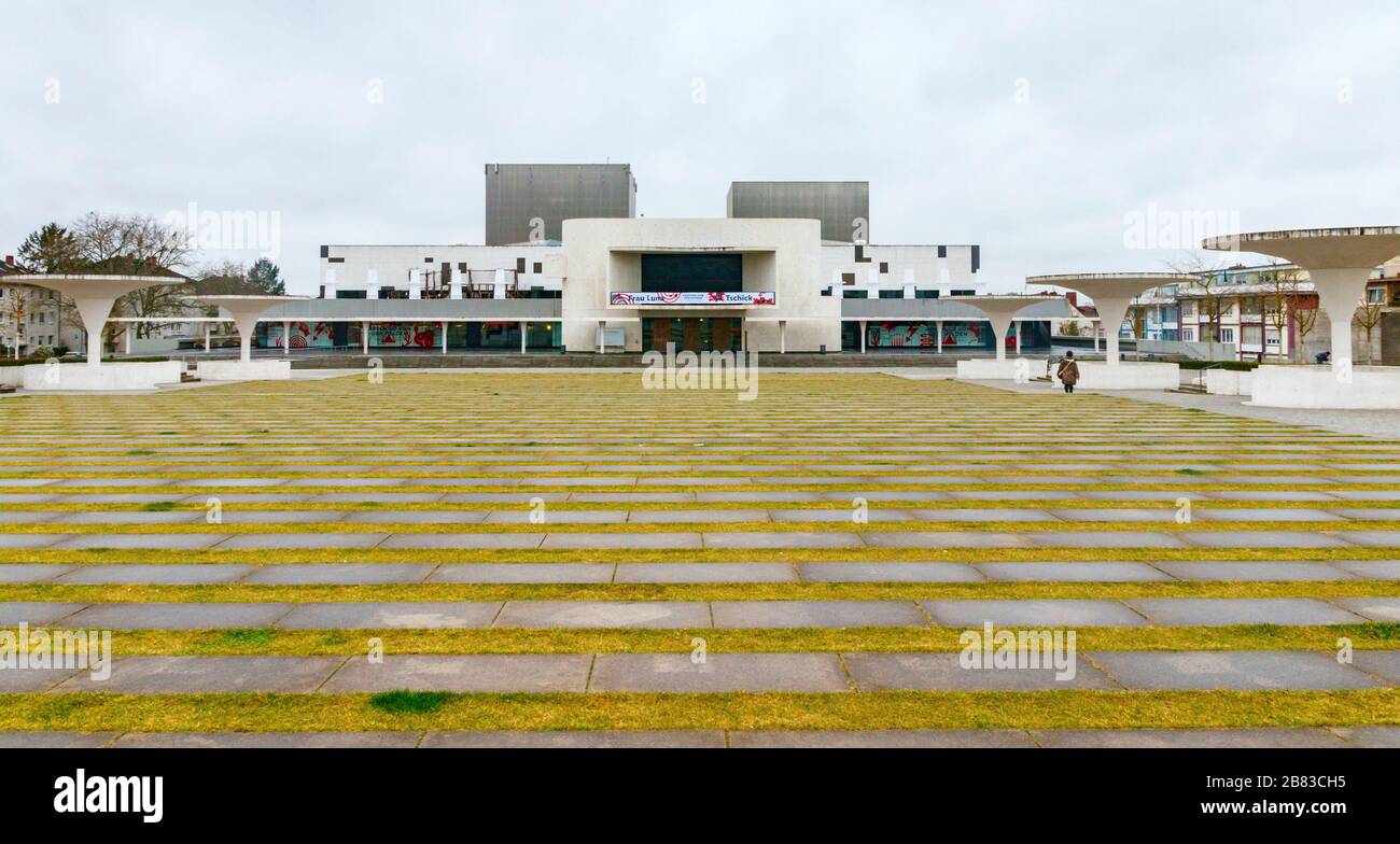 Panoramic view of the Georg-Buchner-Platz (square) and the Staatstheater (State Theatre) Darmstadt. Darmstadt, Germany. Stock Photo