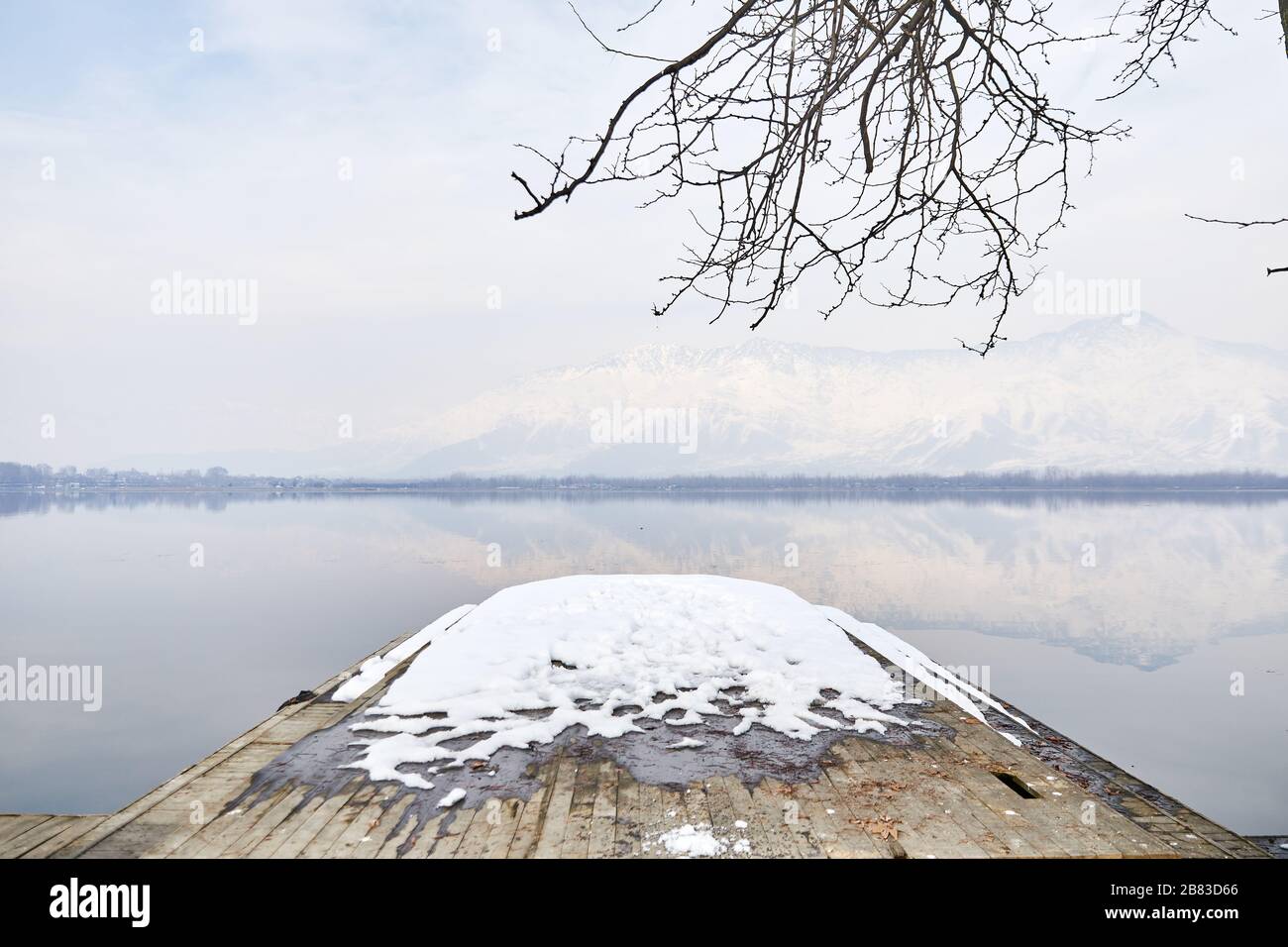 The beautiful landscape of Dal Lake as seen from Char Chinar- Dal Lake, Jammu & Kashmir Stock Photo