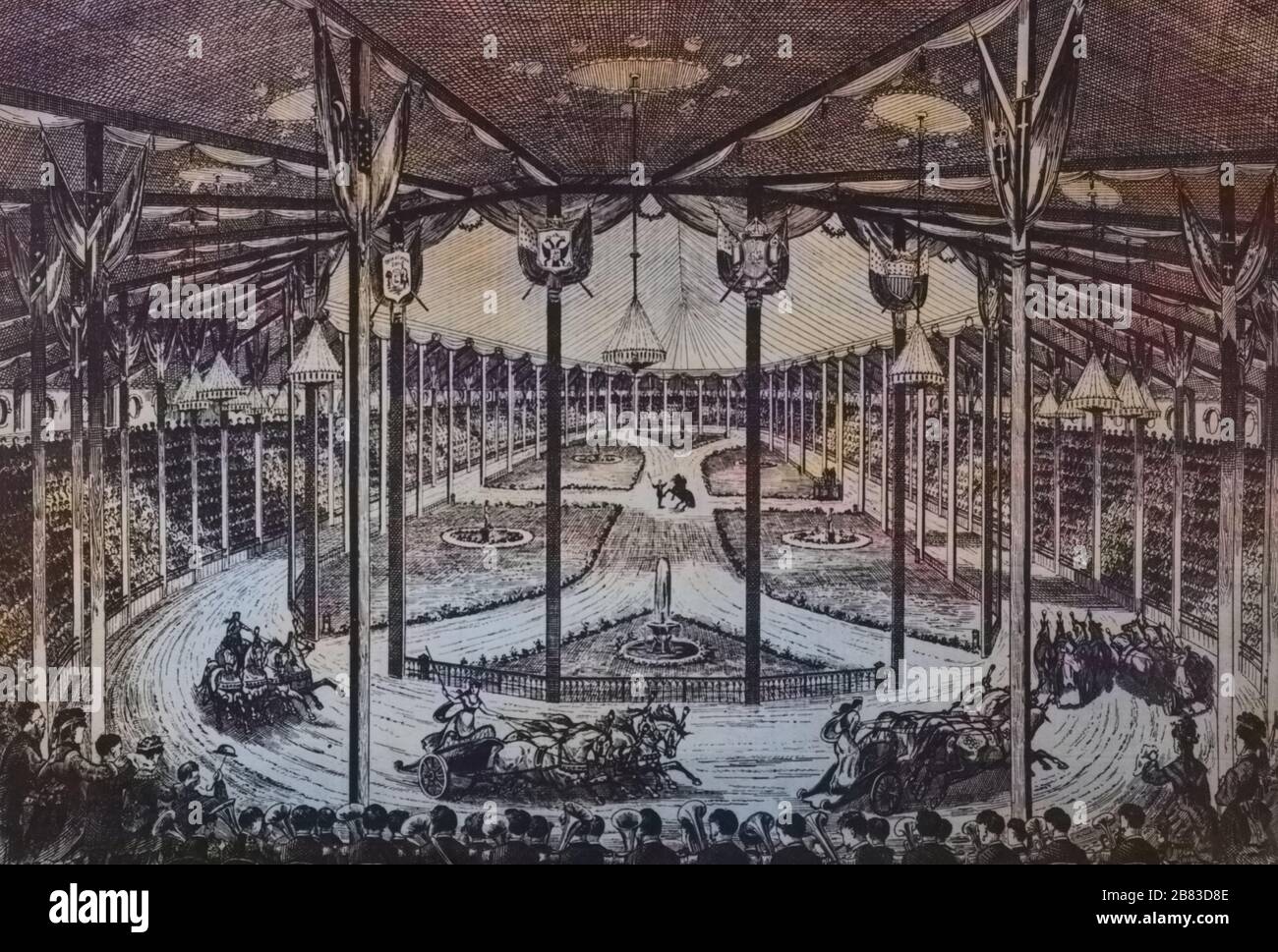 Illustration of the interior view of Phineas Taylor Barnum's Great Roman Hippodrome in Madison Square Garden, New York City, featuring people riding horse-drawn chariots, published in the Daily Graphic Newspaper, 1874. From the New York Public Library. Note: Image has been digitally colorized using a modern process. Colors may not be period-accurate. () Stock Photo