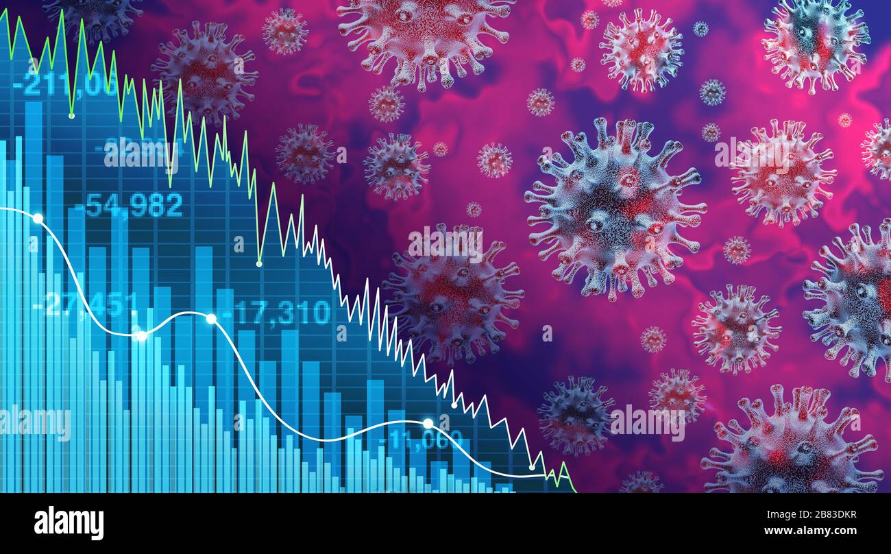 Recession and disease as an economic pandemic fear and coronavirus economy fears or virus Outbreak and Stock market selling as a sick financial. Stock Photo