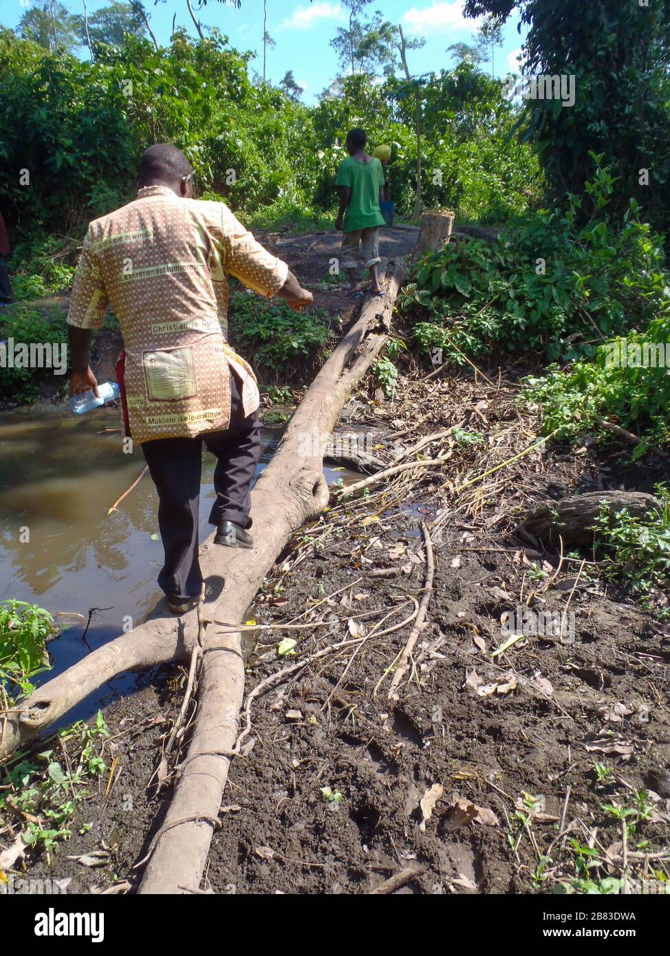 pastor crossing a log bridge over a muddy creek Stock Photo