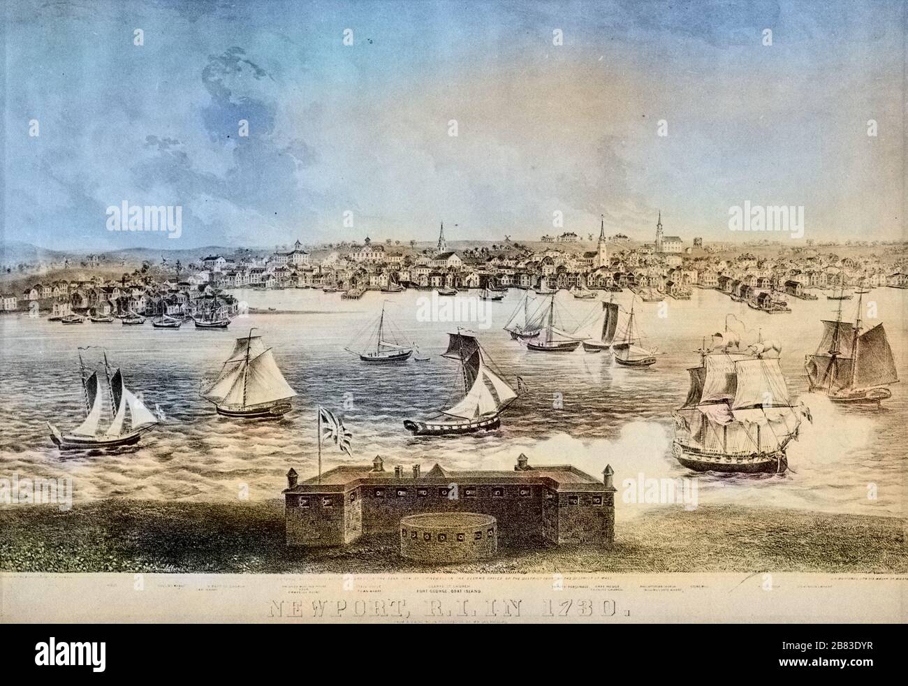 Engraving of the City of Newport on Aquidneck Island in Newport County, Rhode Island, 1730. Note: Image has been digitally colorized using a modern process. Colors may not be period-accurate. () Stock Photo
