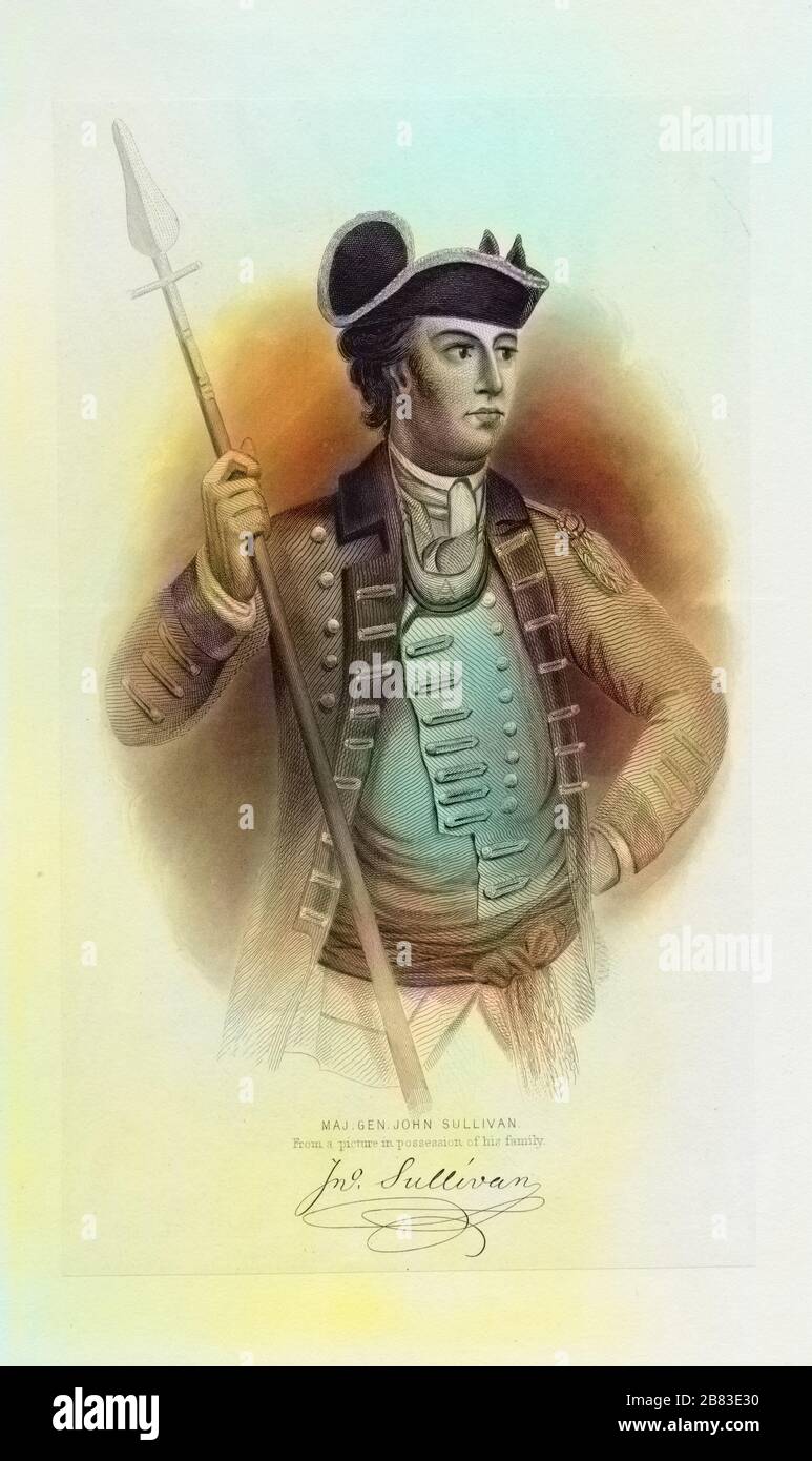 Engraved portrait of General John Sullivan, an Irish-American General in the Revolutionary War, member of the Continental Congress, Governor of New Hampshire and a United States federal judge, 1770. Note: Image has been digitally colorized using a modern process. Colors may not be period-accurate. () Stock Photo