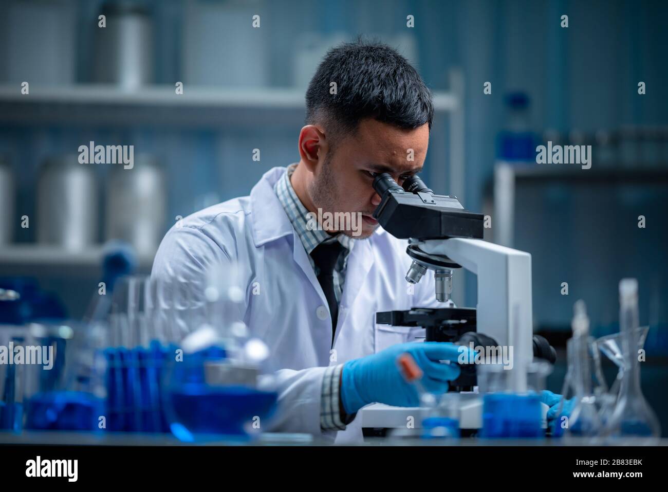 Young scientist looking through a microscope in a laboratory. Young scientist doing some research. Stock Photo