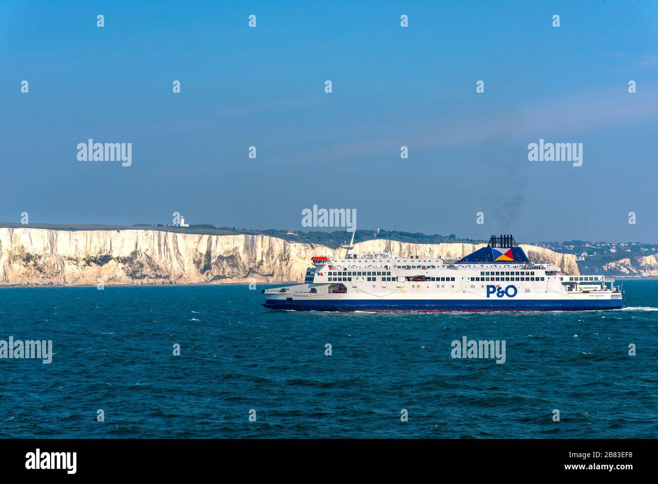 P & O Ferry Pride of Canterbury approaching Dover Docks with the White Cliffs behind. Stock Photo