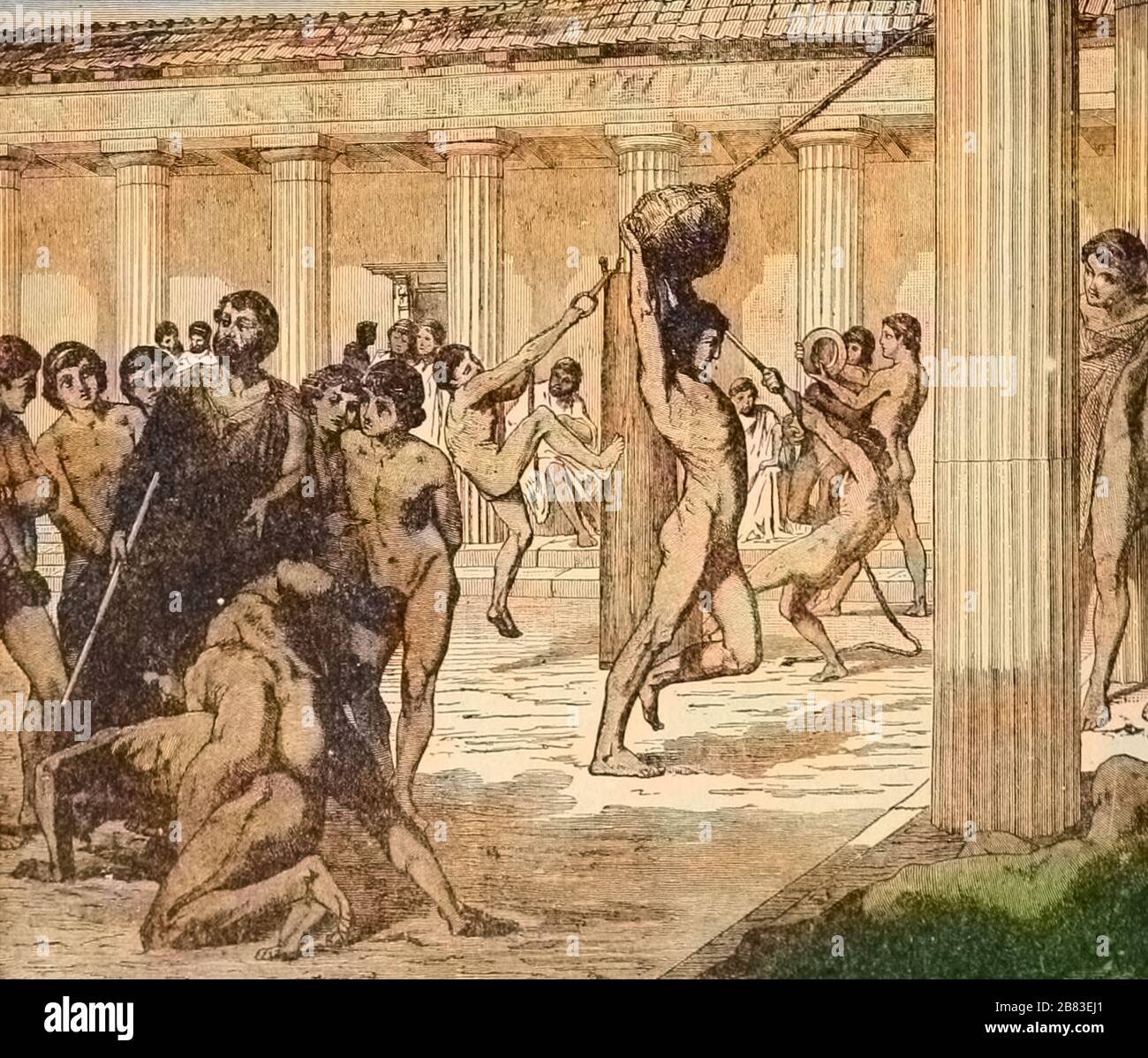 Illustration of young Spartan men exercising, by illustrator Philipp Grot Johann, taken from the book 'With the World's People' by author John Clark Ridpath, published by Clark E. Ridpath, 1915. Courtesy Internet Archive. Note: Image has been digitally colorized using a modern process. Colors may not be period-accurate. () Stock Photo