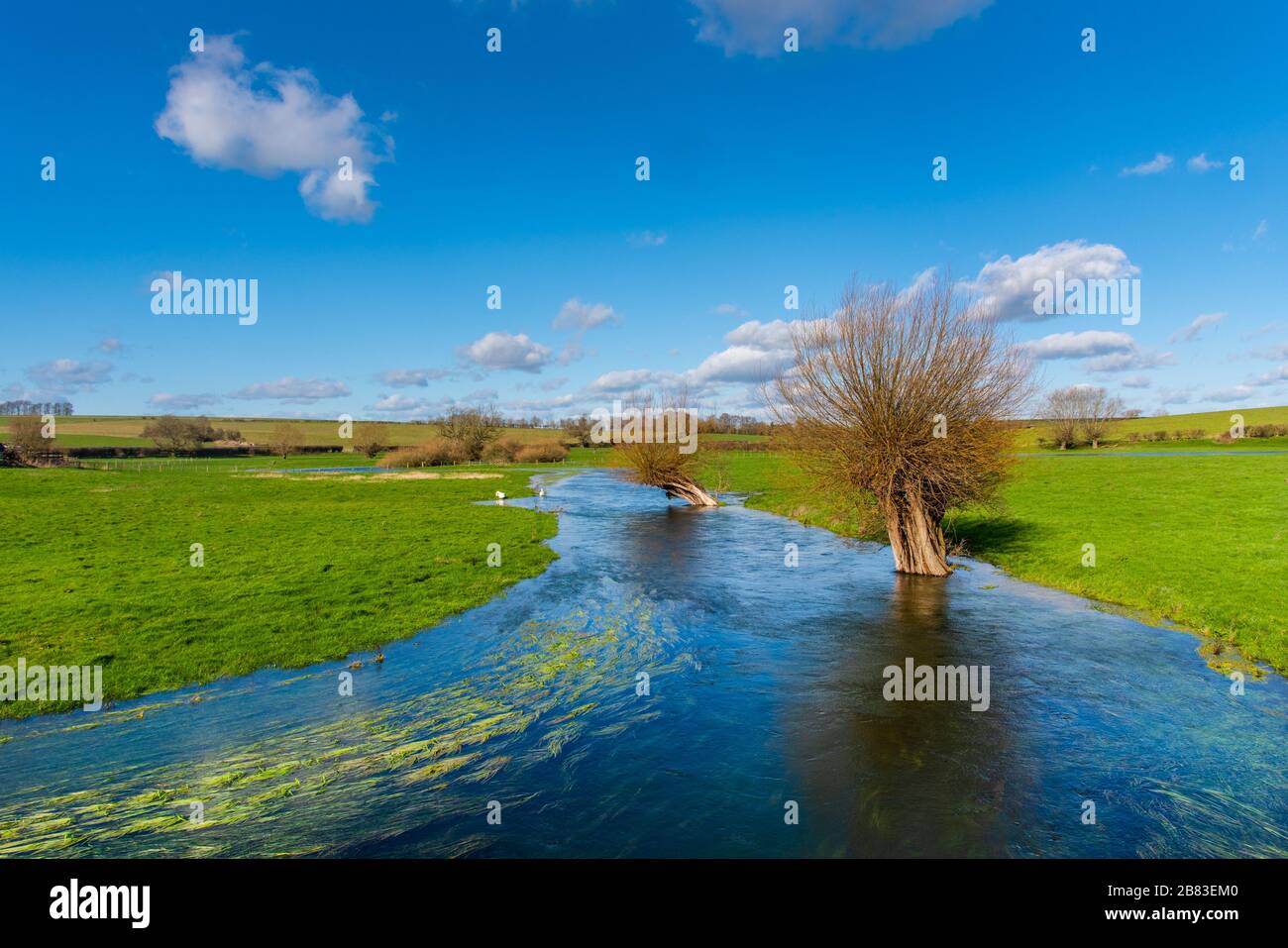 The River Till in flood at Winterbourne Stoke, Wiltshire, UK. A winterbourne is a stream that flows in winter, but is often dry in summer. Stock Photo