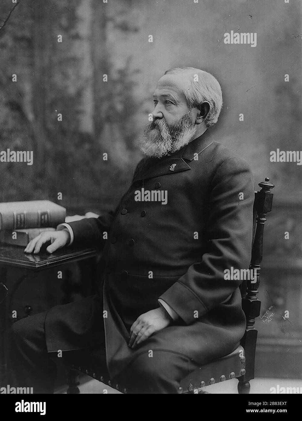 Three quarter length portrait of American President Benjamin Harrison, profile view, seated in chair, 1888. Courtesy Library of Congress. () Stock Photo