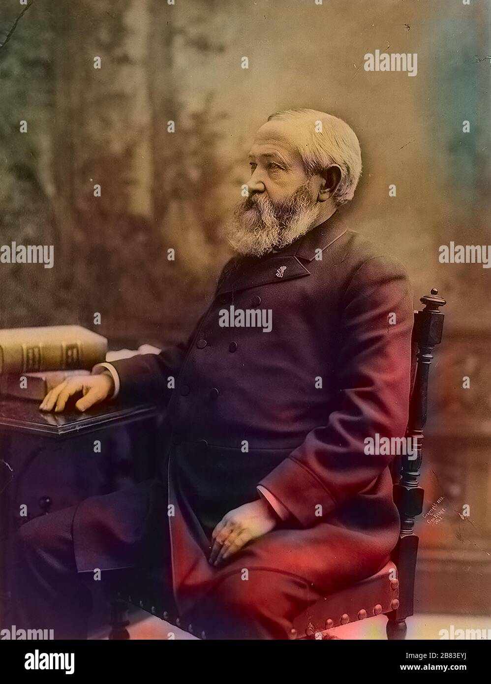 Three quarter length portrait of American President Benjamin Harrison, profile view, seated in chair, 1888. Courtesy Library of Congress. Note: Image has been digitally colorized using a modern process. Colors may not be period-accurate. () Stock Photo