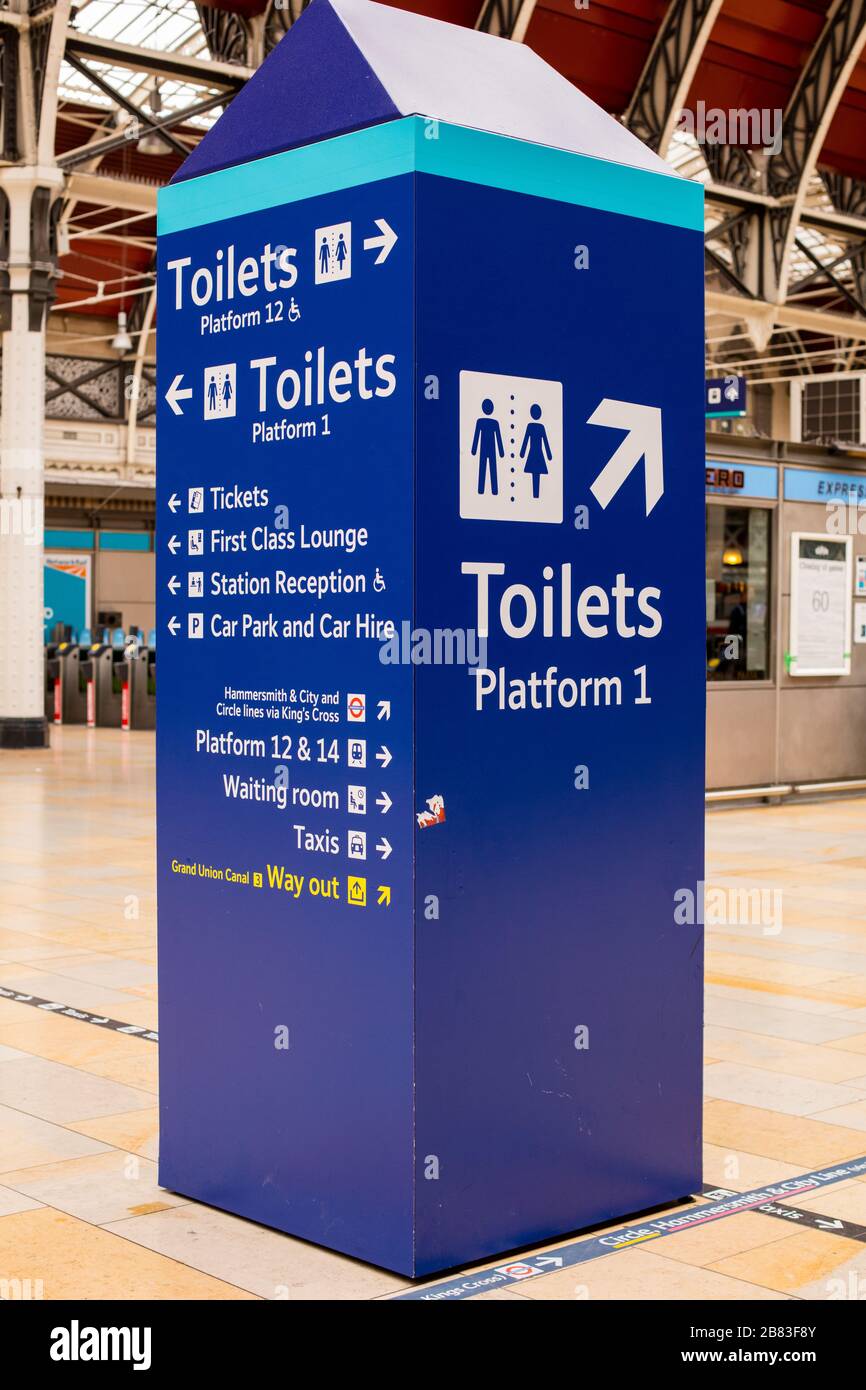 Toilet sign in Paddington Station, a railway terminus and London Underground complex on Praed St in Paddington, London Stock Photo