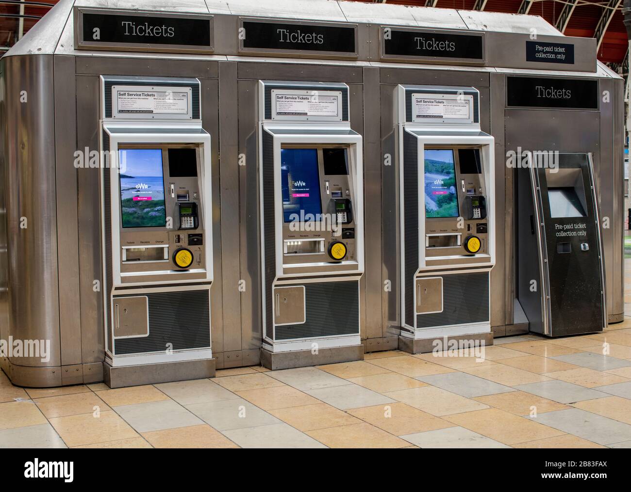 Ticket machines in Paddington Station, a railway terminus and London Underground complex on Praed St in Paddington, London Stock Photo